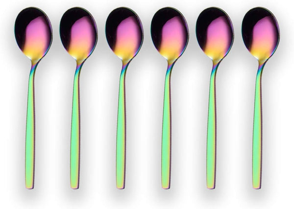 Berglander Rainbow Teaspoon, Stainless Steel Dessert Spoon with Colorful Titanium Plating, 6.5 Inches, Pack of 6
