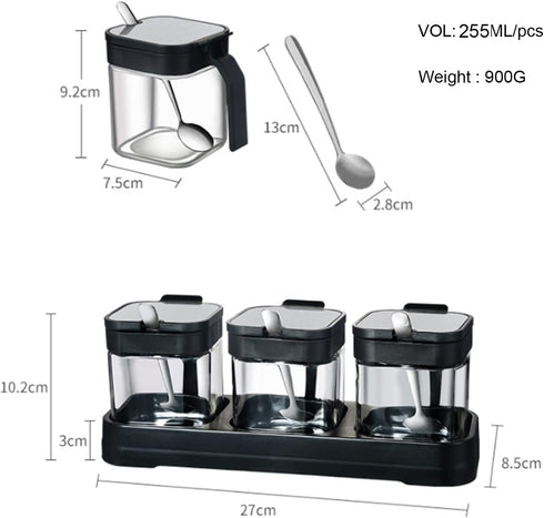 Glass Condiment Jar Spice Container with Lids and Spoons, Square Clear Seasoning Sugar Containers Set with Base, Sugar Pepper Salt Spices Bowl for Kitchen Countertop,3pcs