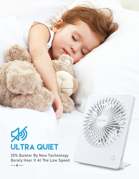 Zuvas Battery Operated Desk Fan, Rechargeable 180° Tilt Folding Personal Fan, Ultra Quiet 3 Speed for Home & Camping