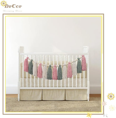 DrCor Pastel Tassel Garland Pink & Sage Green Boho Spring Garland for Nursery, Classroom Decor, Baby Shower, Kids Room