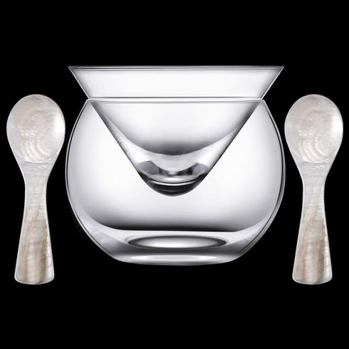 Glass Caviar Chiller Server Set with 2 Pieces 3.2 Inch Mother of Pearl Caviar Spoons