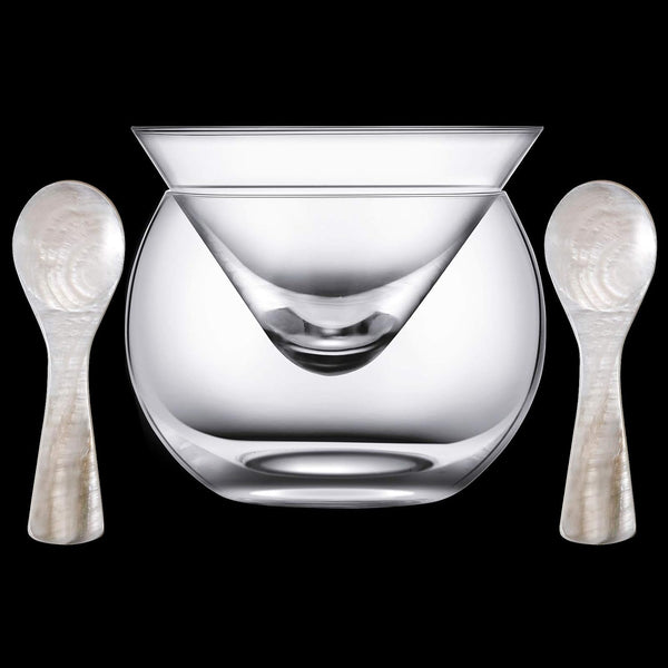 Glass Caviar Chiller Server Set with 2 Pieces 3.2 Inch Mother of Pearl Caviar Spoons