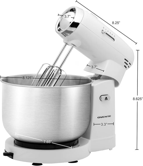 OVENTE 3.5-Quart Electric Kitchen Stand Mixer, 250-Watt Power, 5 Speed Control, White, 2 Blender Attachments SM680W