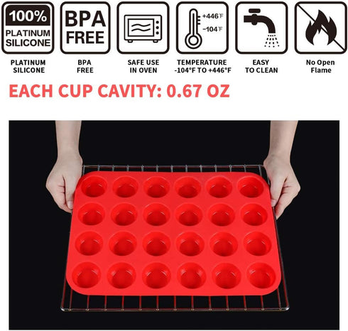 Mini Muffin & Cupcake Set, 24 Cups Nonstick Silicone Baking Pan, BPA Free, Dishwasher Safe, 2 Pieces (Red)