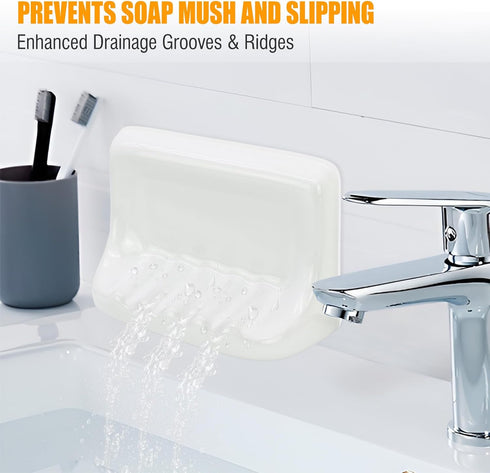 4x4 Inch Shower Wall Soap Holder & Ceramic Soap Dish - Fits & Any Tile Walls, Heavy-Duty Flat-Back Design with Drainage