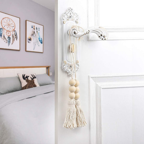 Garneck 4pcs Natural Cotton String Tassel Wood Beads, Handmade Wooden Pendant for Closet Door Handle Decor