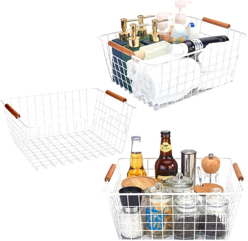 LeleCAT Large White Wire Baskets with Wooden Handles for Storage, Organizer Baskets for Cabinets, Closets, Kitchen