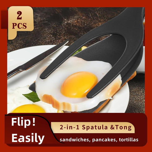 2 in 1 Egg Flipper Spatula Tongs - Multi-purpose Non-Stick Kitchen Gadgets for Cooking, Pancakes, Quesadillas,