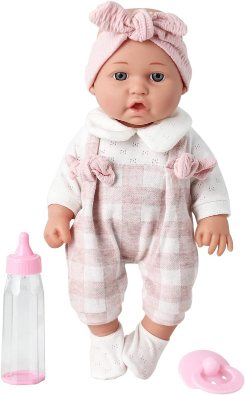 Enjoyin 12'' 13''x13'' 3+ Baby Doll in Gift Box with Pink Cloths, Pacifier, Microfabric Blanket, and Feeding Bottle.