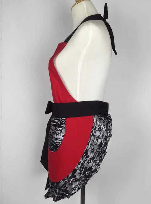 Hyzrz Cute Lace Flirty Apron with Pocket, Retro Sexy Cooking Pinup Apron for Women Girls (Red)