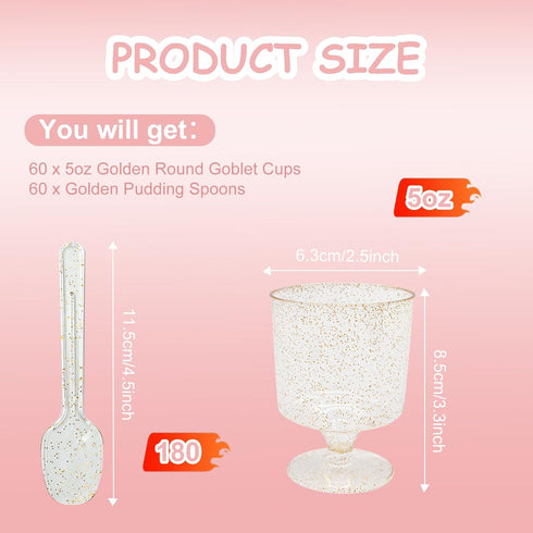 120 Pack 60 Pack Plastic Dessert Cups with Spoons Clear Yogurt Parfait Appetier Cup with Gold Glitter for Party