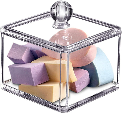 Modern Square Acrylic Qtip Holder | Bathroom Vanity Countertop Storage Organizer for Cotton Swabs and Makeup Sponges