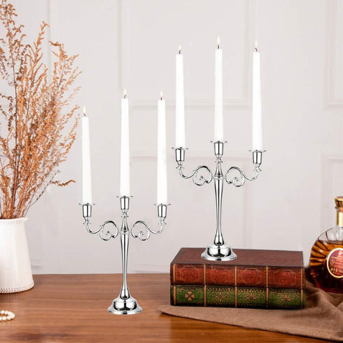 OwnMy 3 Arms Metal Candelabra, Silver Elegant Candle Holder for Wedding Dining Table Christmas Party Home Decoration