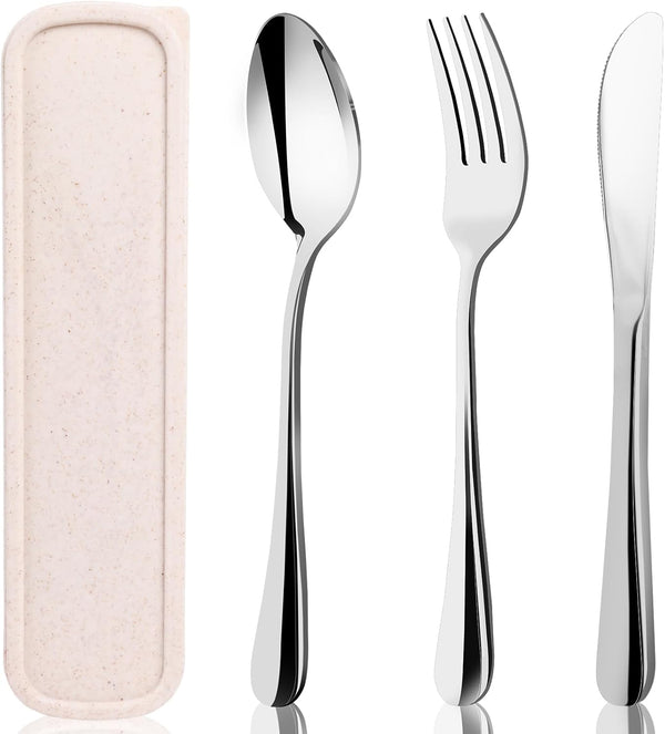 HANSGO 3PCS Portable Utensils Set with Case, Travel Cutlery Set, Reusable Stainless Steel for Lunch Camping