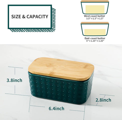 Hasense Large Ceramic Butter Dish with Lid, Green Airtight Butter Container for Countertop, Easy Clean Dishwasher Safe
