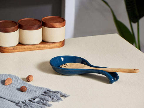 ONEMORE Extra Large Spoon Rest for Stove Top, Blue Ceramic Holder for Kitchen Counter, Heat-Resistant Utensil Rest