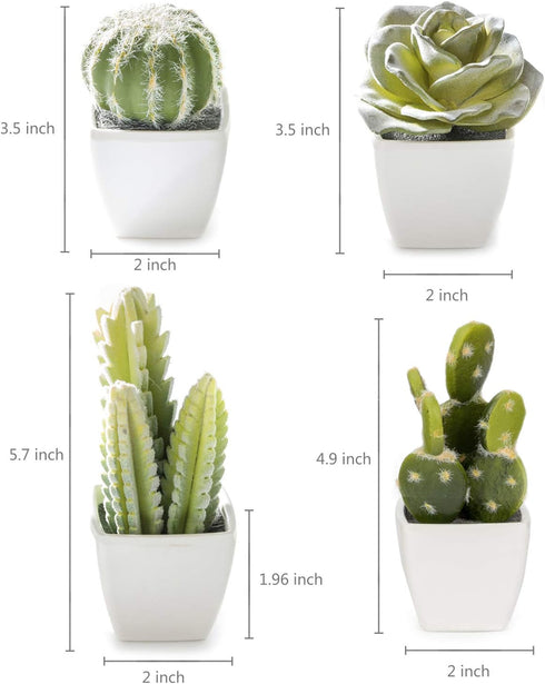 Artificial Mini Succulent & Cactus Plants, Set of 4 in White Cube-Shaped Pots for Home Decor