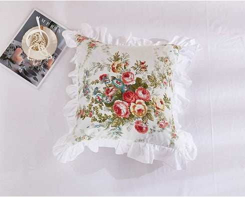 FADFAY Rose Floral Throw Pillow Covers, 18x18 Set of 2 Cotton Cushion Covers, White Ruffle Decorative Pillowcases