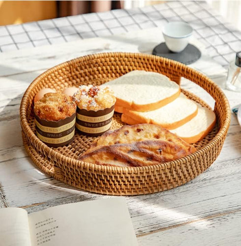 YANGQIHOME Rattan Round Serving Tray - Decorative Coffee Table Tray, Hand Woven Serving Basket with Handles