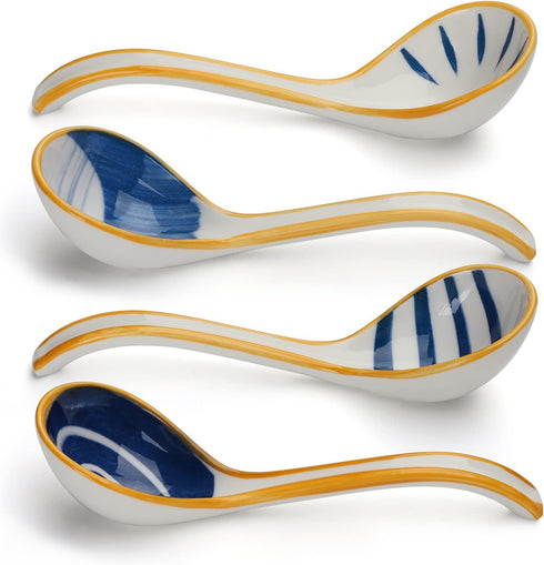 Ceramic Soup Spoons Set of 4, Long Handle Porcelain Japanese Soup Spoons for Pho Ramen Noodles
