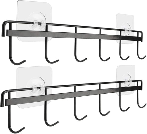 YiZhi Adhesive Wall Hooks Rack, Space Saving Kitchen Rail with 6 Hooks, No Drilling Wall Mounted Accessory Hanger, Pack