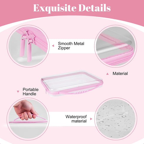 3 Pack Bag(3 Pink Extra Large Zippered Hard Shell Pouch,Clear Plastic Case,Hard Sided Case for Storage Bags,Portable