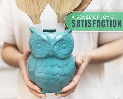 Comfify Decorative Owl Utensil Holder, Aqua Blue Ceramic Cookware Crock & Organizer, 5” x 7” x 4” Size