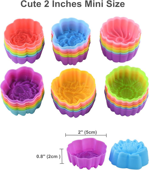 Reusable Silicone Baking Cups, 2 Inch Mini Size Multi Flower Shapes Muffin Liners, Pack of 36, Multicolor