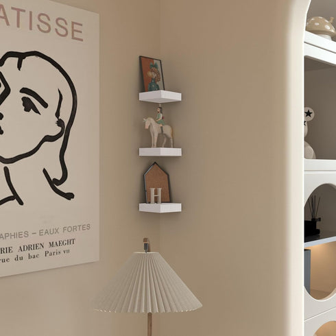 PopiShelves 4 Inch Set 3 Small Floating Shelves for Wall - Mini Square White Shelves for Bedroom, Living Room