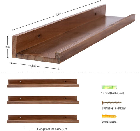 24 Inch 3 MBYD Floating Wall Shelves Wood Photo Picture Ledge Shelf, Light Walnut Nursery Kids Bookshelf Same Sizes