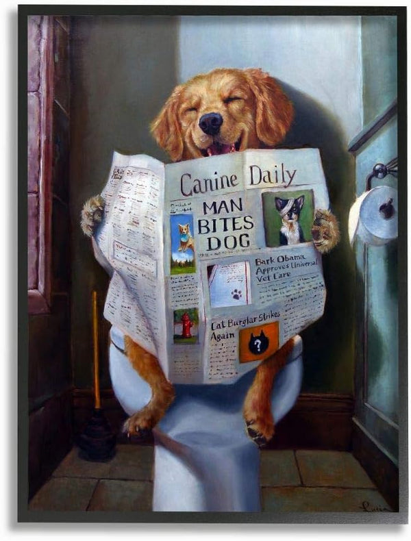 Stupell Industries Dog Reading Newspaper on Toilet, Funny Framed Giclee Art by Artist Lucia Heffernan