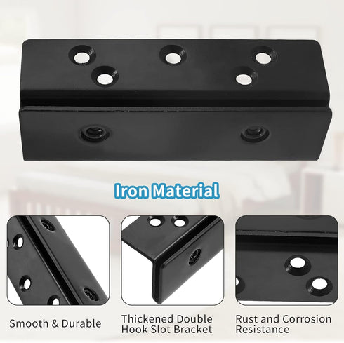 2 Pcs Bed Frame Bed Post Double Hook Slot Bracket, Heavy Duty Bed Hardware Plate Attachment for Wooden Bed, Black