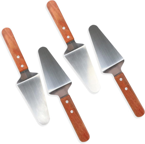 4 Pcs Stainless Steel Pizza Servers with Wooden Handle, Triangular Spade Pastry Spatula for Cake, Tart, Pie, and Pizza