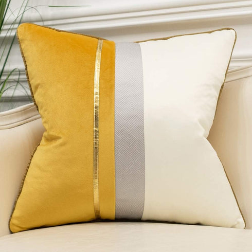 Avigers 18 x 18 Inches Yellow White Gold Leather Striped Patchwork Velvet Cushion Case for Couch, Living Room