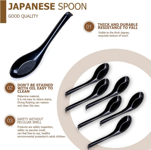DOERDO 6PCS Japanese Style Soup Spoons - Long Handle for Kitchen Mixing, Baking, Cooking, Black