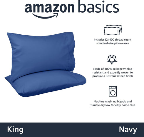 Amazon Basics 400 Thread Count Cotton Pillow Cases, King, Navy - Set of 2, 40" L x 20" W, Pillows Not Included