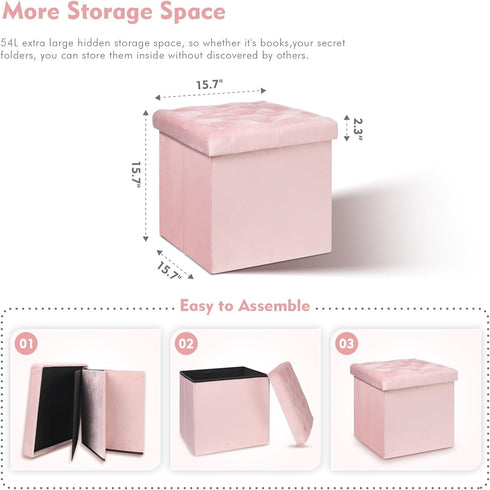B FSOBEIIALEO Storage Ottoman Cube, Velvet Tufted Folding Ottomans with Lid, Footstool Rest Padded Seat for Bedroom