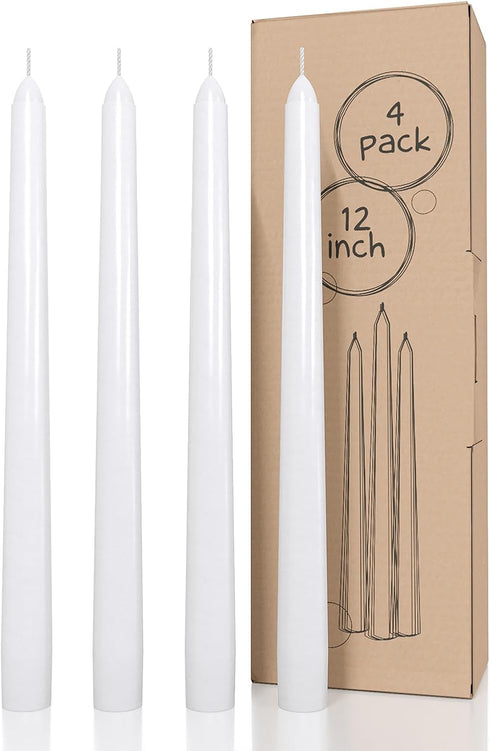 CANDWAX Set of 4 White Taper Candles, 12 Inch Dripless, Smokeless, Unscented, Long Burning, Hand Poured