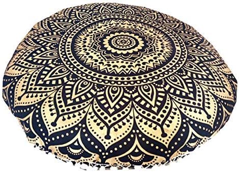 32" Gold Mandala Barmeri Large Floor Pillow Cover - Hippie Decorative Zipped Pouf Ottoman (Gold Black)