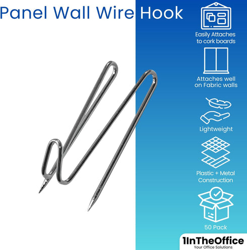 1InTheOffice Panel Wall Wire Hooks, Silver Wall Hooks for Fabric Panel Cubicle, 50 Pack