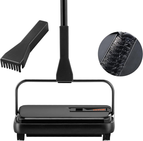 VEVOR Carpet Sweeper Manual, Floor Sweeper with 300 ml Dustbin Capacity, Easy to Empty for Home Office Carpets, Black