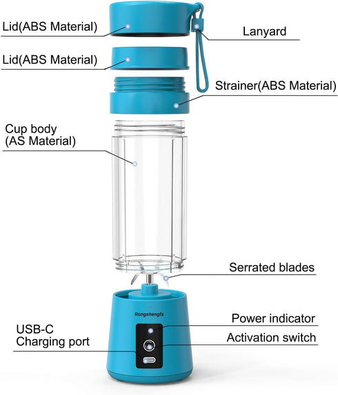 Portable Blender, Mini Personal Blender Bottles for Shakes and Smoothies, USB-C Rechargeable Cordless Electric Juicer
