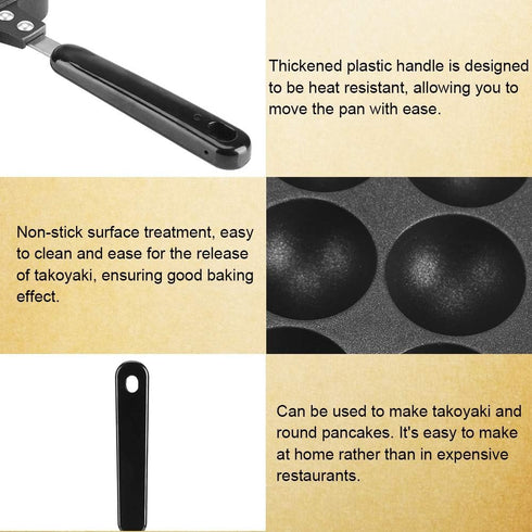 Junluck Non-Stick Pancake Pan, 12 Cavities Aluminum Baking with Plastic Handle, Grill Pan Plate for Takoyaki