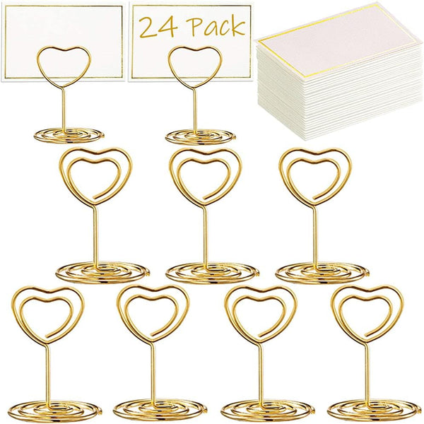 24 Pcs Mini Place Card Holders and 24 Pcs Place Cards with Gold Foil Border for Wedding, Birthday