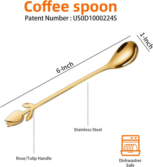 Gold Tulip/Rose Handle Mini Coffee Spoons Set, 12-Pcs Stainless Steel for Espresso, Tea, Dessert - Ideal for Small