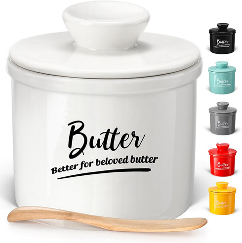 Butter Crock French Butter Dish with Lid and Knife for Countertop - Keeps Butter Soft and Fresh for 2-5 Weeks, White