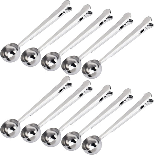 10 PCS Scoop with Clip, 2-in-1 Stainless Steel Coffee Scoop and Bag Clip for Measuring Coffee, Tea