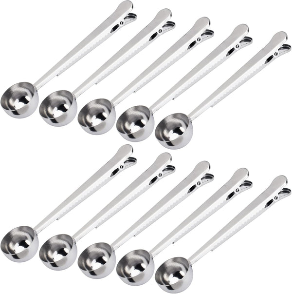 10 PCS Scoop with Clip, 2-in-1 Stainless Steel Coffee Scoop and Bag Clip for Measuring Coffee, Tea