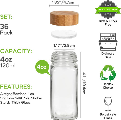 Homerove 36 Pack 4 oz 319 Glass Spice Jars with Bamboo Lids, Empty Square Spice Containers with BlankPrinted Spice