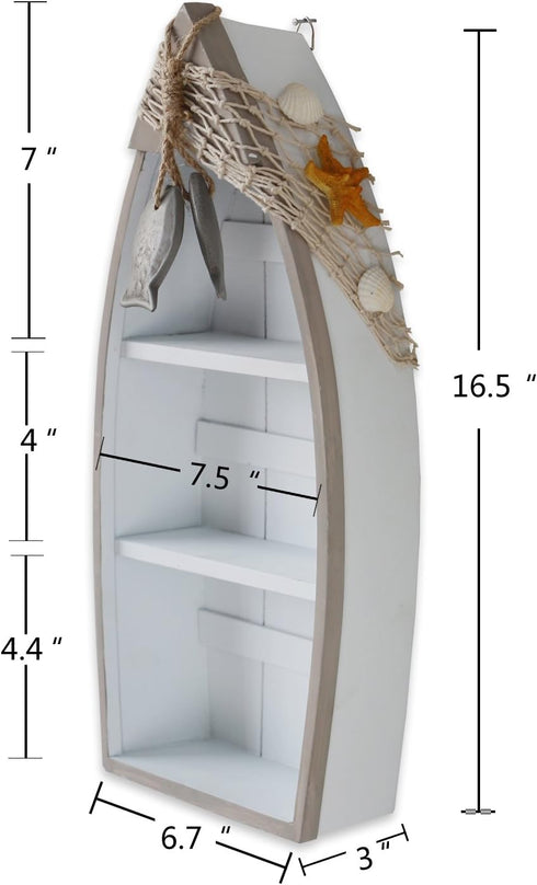 3 Beach Theme Display with Shelves, White Nautical Standing Shelf Decor, Miniature Boat Model, Decorative Boat